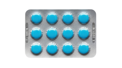 Blister pack of blue round pills isolated PNG, medication for healthcare and pharmaceutical industry on transparent background