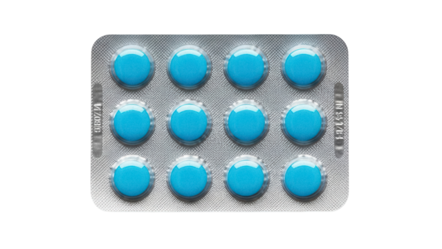 Blister pack of blue round pills isolated PNG, medication for healthcare and pharmaceutical industry on transparent background