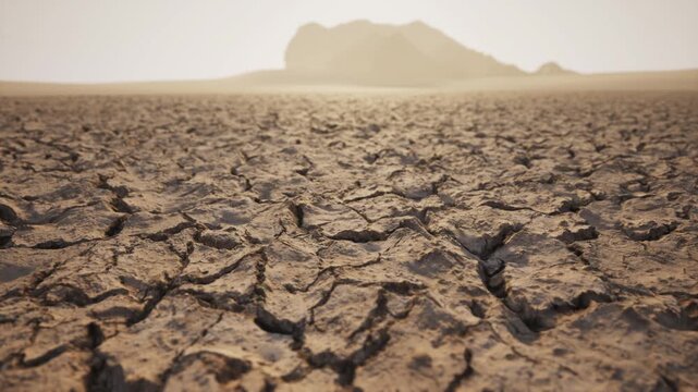 Slow motion tilt up revealing shot: From a close-up of dry, cracked red earth to a wide landscape view of arid mountains. 3D animation. 4K.