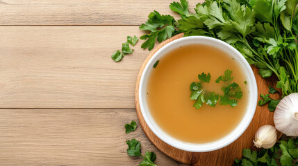 Herb broth bowl with parsley garnish and garlic on wooden board