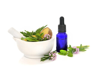 Antihistamine herbal medicine for sneezing hay fever and itching allergies on white with mortar, tincture bottle. Medicinal natural drug treatment options with herbs, spice.