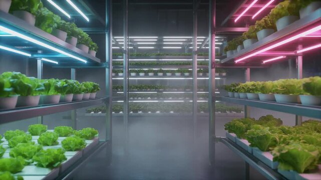 Futuristic indoor hydroponic farm setup with multiple stacked layers vertical farming, bright neon grow lights
