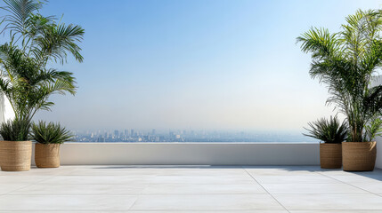 Fototapeta premium Potted palm balcony terrace city skyline clear sky modern patio rooftop view outdoor plants