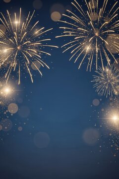 Blue and gold Abstract background and bokeh on New Year's Eve. Vertical Colorful fireworks illuminate a night sky with sparkling bokeh effects.