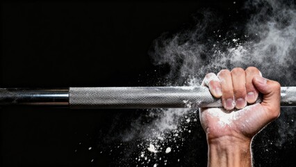 Strength Training - Close-up of a hand gripping a knurled barbell with chalk dust on a solid black background, capturing strength and focus in a fitness context.