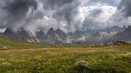 Dramatic Clouds Gather Over Dolomites Mountain Peaks With a Colorful Meadow in the Foreground During a Summer Day