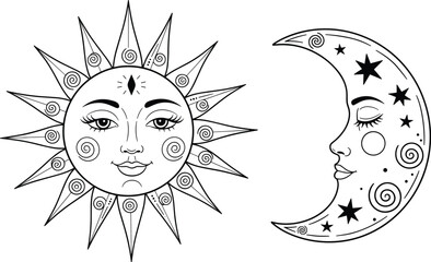 Stylized Sun and Crescent Moon Line Art; Celestial Black and White Outline Drawing with Faces and Stars; Magic, Mysticism, Astrology, Witchcraft, Esoteric, and Space Concept Graphic.
