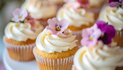 Wedding cupcakes decorated with delicate edible flowers, blurred backdrop, sweet food, tasty dessert