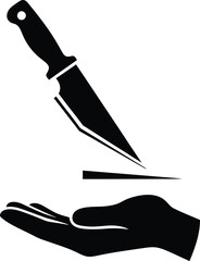 Obraz premium Black silhouette icon representing a sharp knife blade descending towards an open, upturned human hand