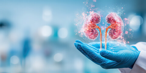 Urologist holding an anatomical model of the male urinary system. Focus on kidney and urinary health, prevention, function, medical consultation, urological diseases, and evaluation