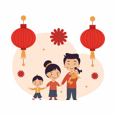 family celebrates traditional Chinese New Year. Cheerful characters celebrate national Asian holiday.