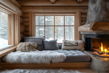 Grey daybed sofa against fireplace. Rustic scandinavian home interior design of modern living room, Generative AI