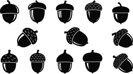 Stylized, acorn, illustration, set, with, unique, cap, designs, in, black, and, white, nature, botanical, vector, content, autumn, forest, silhouette, seasonal, artwork, texture
