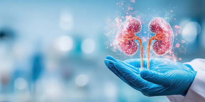 Urologist holding an anatomical model of the male urinary system. Focus on kidney and urinary health, prevention, function, medical consultation, urological diseases, and evaluation