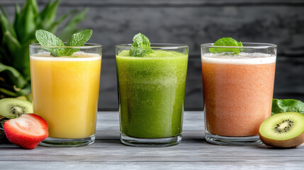 Fototapeta premium Three fresh fruit juices with mint garnish, vibrant yellow green and pink smoothies