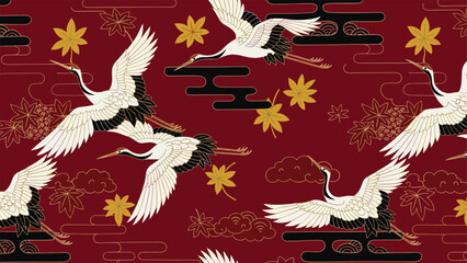 Traditional Japanese seamless pattern with flying white red-crowned cranes, stylized golden maple leaves, and black clouds on a rich burgundy red background, vector art.