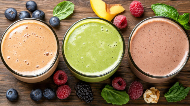 Creamy fruit smoothie trio with berries and spinach, fresh healthy drink energizing mood - Powered by Adobe