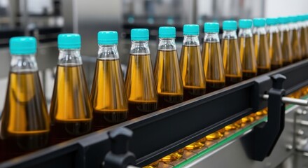 Bottles of amber liquid being filled on a factory conveyor belt for beverage production
