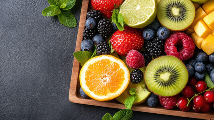 Fresh colorful fruit platter with sliced citrus, berries and kiwi bright and appetizing