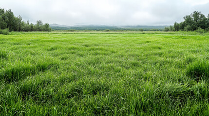 Obraz premium Lush green meadow under overcast sky with misty hills and trees in distance