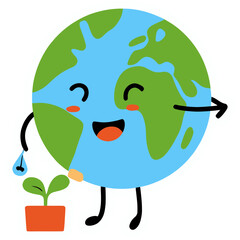 cute planet | watering tiny sprout | sustainability theme | kawaii sticker illustration | bold outline | pastel colors | eco-friendly design | playful planet character | environmental vibes