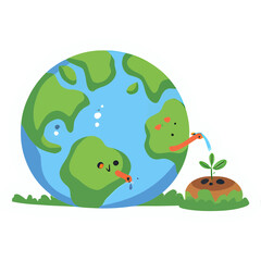 cute planet | watering tiny sprout | sustainability theme | kawaii sticker illustration | bold outline | pastel colors | eco-friendly design | playful planet character | environmental vibes