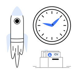 Career growth concept. Visual ation of career advancement with rocket and CV icons and productivity linked with a clock. Career planning, time management, job applications, achievement, professional