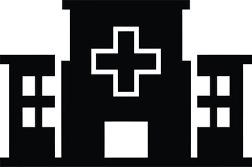 Obraz premium Simple black and white silhouette icon representing a hospital building with a prominent medical cross symbol on the facade