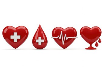 Red hearts and blood drop icons representing health and donation