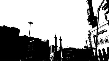 Grayscale Silhouette of Landmark Building in Mecca Cityscape Architecture Illustration