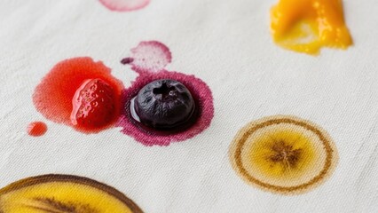 Vibrant fruit juice drops creating stains on white fabric