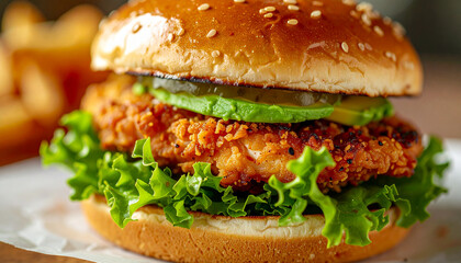 Juicy chicken burger with avocado and fresh lettuce, delicious fast food, appetizing and mouthwatering