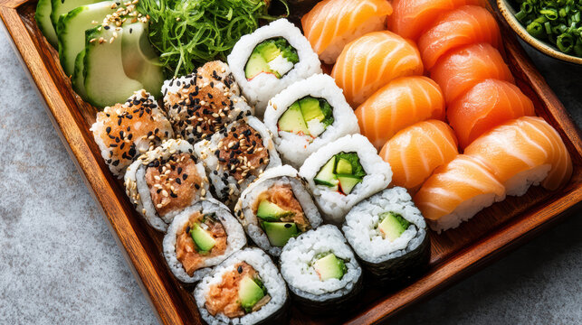 Fresh salmon nigiri and assorted sushi roll platter with avocado and seaweed salad