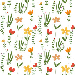 Seamless Floral Pattern with Colorful Hand-Drawn Wildflowers and Leaves on White Background 