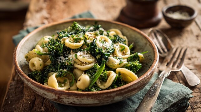 Handmade Italian orecchiette pasta served a rustic ceramic bowl with broccoli rabe and garlic styled on a wooden farmhouse table with vintage cutlery