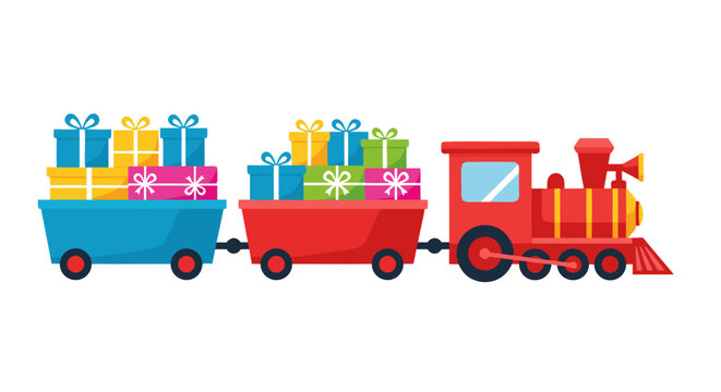 A colorful cartoon toy train pulling two wagons filled with wrapped gift boxes, isolated on a white background.