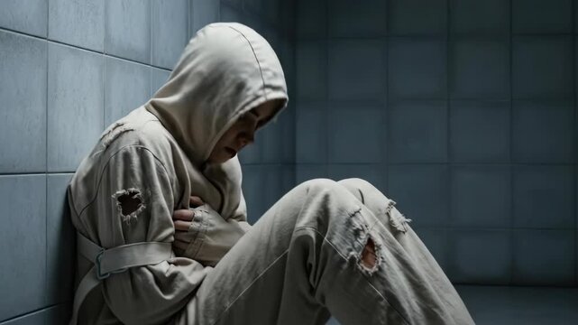 Woman in straitjacket sitting on floor in mental hospital room, showing distress and psychological disorder. Psychiatry concept.