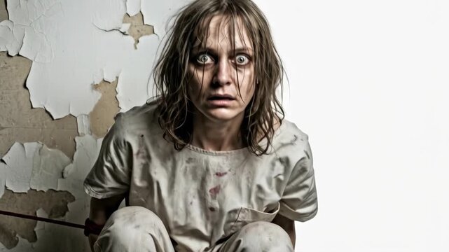 Woman with wide eyes in a straitjacket sitting on the floor by a peeling wall, depicting mental illness and psychiatric hospital concept.