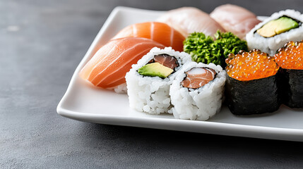 Fresh salmon nigiri and maki roll platter with avocado and roe garnish, appetizing presentation