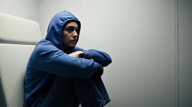 Woman with mental illness sitting alone in a psychiatric hospital, experiencing sadness and confusion. Mental health concept.