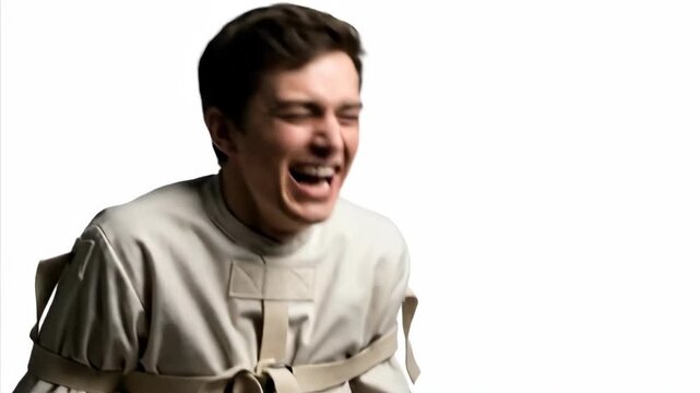 Caucasian man in straitjacket showing emotions of extreme laughter and shouting, depicting mental distress in a hospital or asylum setting.