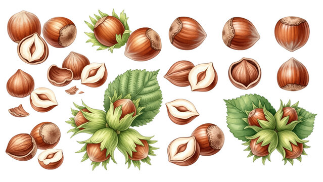 A collection of detailed hazelnut illustrations showing whole nuts, cracked shells, kernels, and leafy branches.