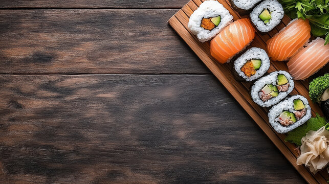 Fresh sashimi and sushi platter with avocado and ginger garnish, top down food scene