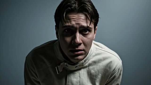 Man in straitjacket having psychological distress. Male patient suffering from mental disorder in psychiatric hospital setting.