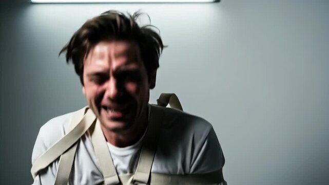 Man in straitjacket experiencing manic laughter and distress in mental hospital, asylum patient suffering psychological disorder.