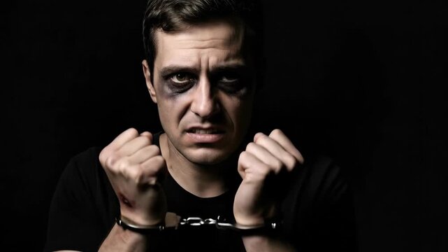 Man in handcuffs with smeared makeup expressing anger and fear, depicting struggle and mental duress for an asylum setting