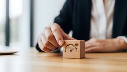 Businesswoman placing wooden block with heart meter for feedback