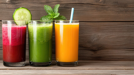 Fresh juice trio with beet red, green detox and orange carrot drink garnished with cucumber