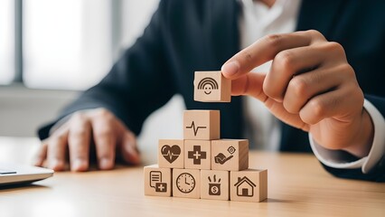 Businessman stacking wooden block with health icon for insurance concept