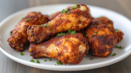 Crispy seasoned chicken drumstick on white plate garnished with chopped parsley, appetizing